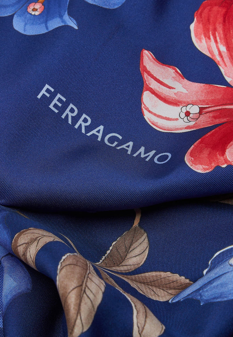 Salvatore Ferragamo Hibiscus Print Silk Foulard 310156 FO FIORE2 771245 ROYAL/ROSSO