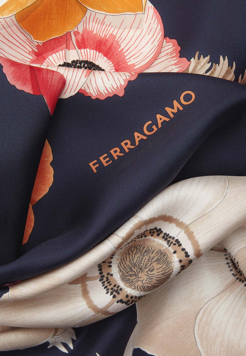 Salvatore Ferragamo Anemone Print Silk Scarf Multicolor 310175 FO ANEMONI 775432 MARINE/IVORY