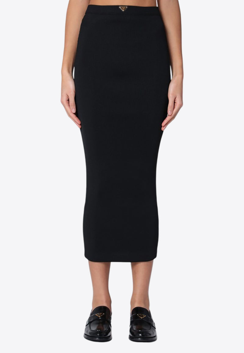 Prada Triangle Logo Ribbed Jersey Midi Skirt Black 31139OOO16S9/Q_PRADA-F0002