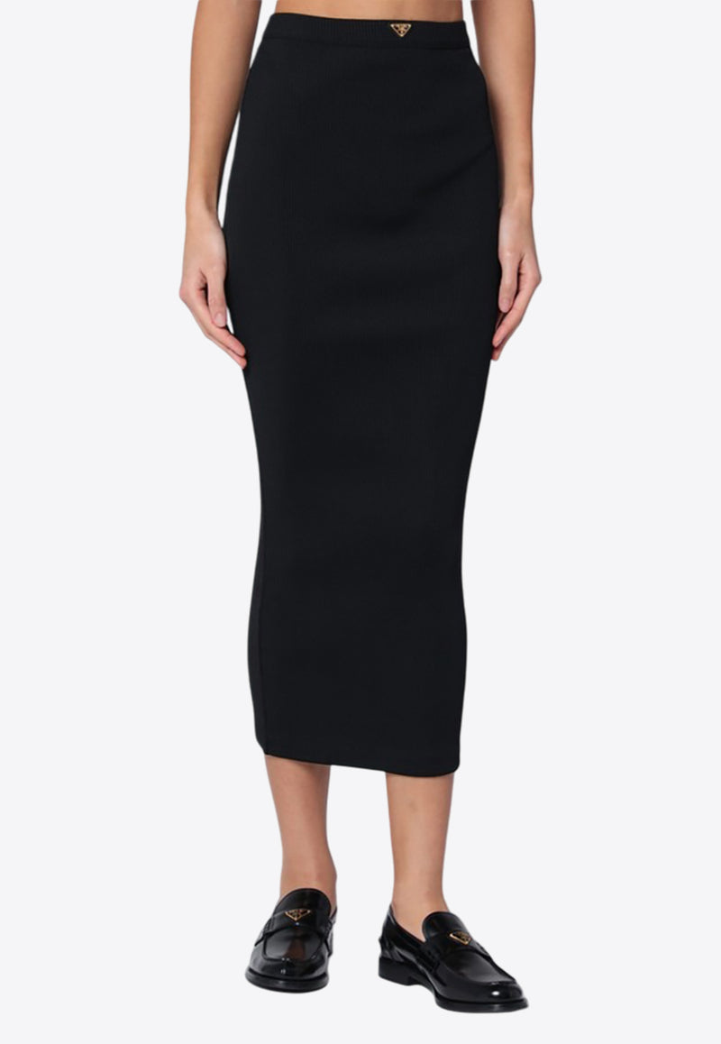 Prada Triangle Logo Ribbed Jersey Midi Skirt Black 31139OOO16S9/Q_PRADA-F0002