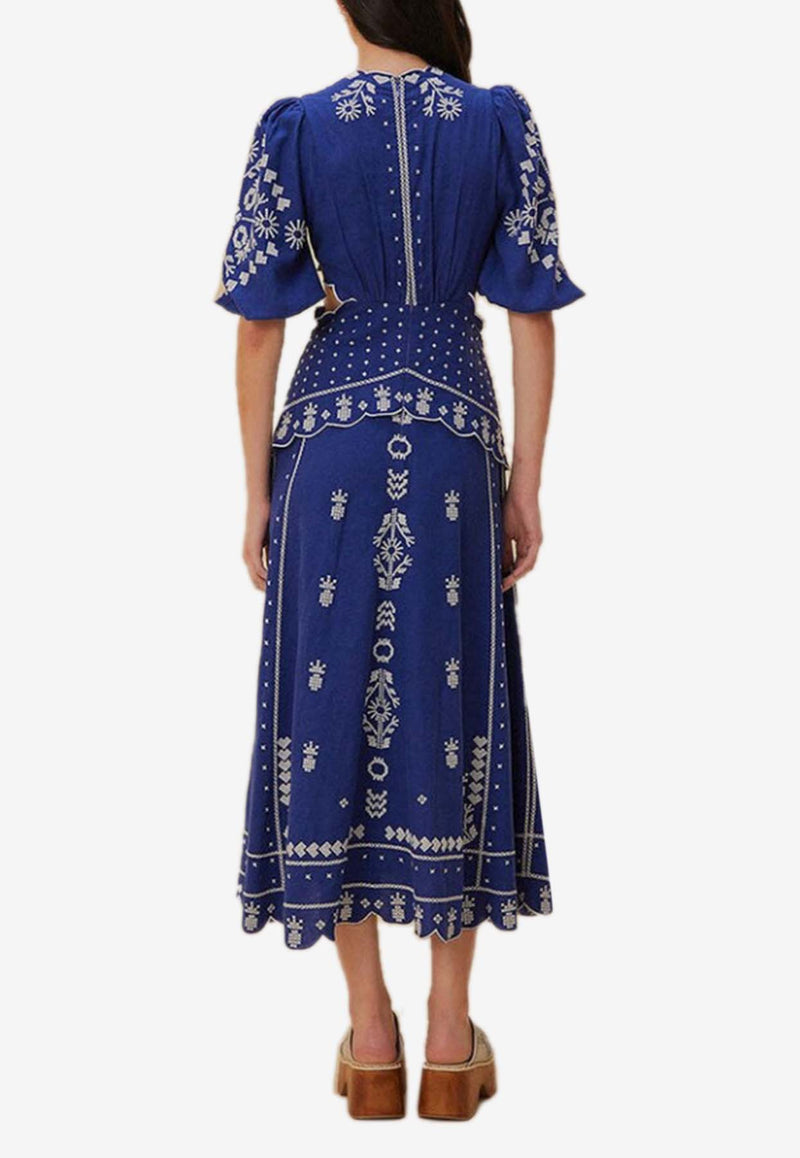 Farm Rio V-neck Embroidered Midi Dress with Cut-Out Detail Blue 318364BLUE