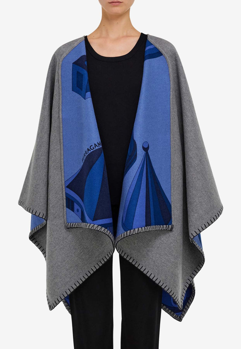 Salvatore Ferragamo Nadir Print Reversible Cashmere and Wool Cape Gray 320963 CAPE NADIR 779394 NAVY/GREY