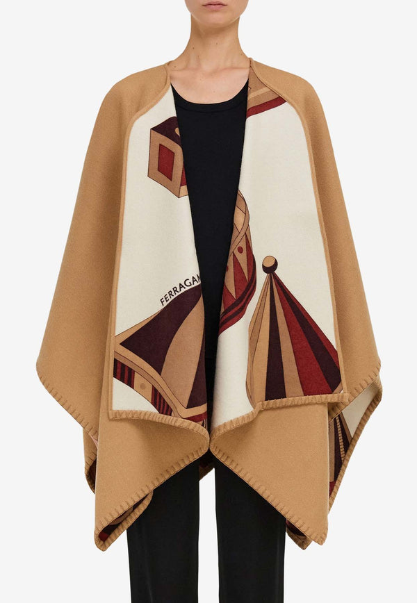 Salvatore Ferragamo Nadir Print Reversible Cashmere and Wool Cape Camel 320963 CAPE NADIR 779395 BORDEAUX/CAMMEL