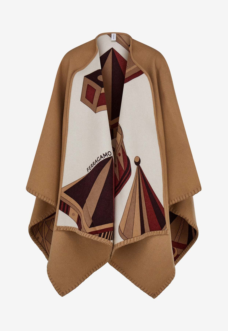 Salvatore Ferragamo Nadir Print Reversible Cashmere and Wool Cape Camel 320963 CAPE NADIR 779395 BORDEAUX/CAMMEL