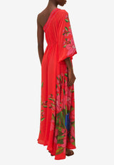 Farm Rio Summer Foliage Scarf One-Shoulder Maxi Dress Red 321395RED MULTI