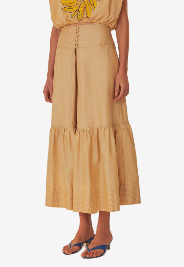 Farm Rio Topstitching Flared Midi Skirt Khaki 321928KHAKI