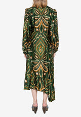 Farm Rio Pineapple Ikat Long-Sleeved Midi Dress Multicolor 329621GREEN MULTI