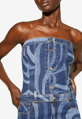 Pucci Marmo Print Strapless Denim Top 3RDM01 3R998 A82 Blue