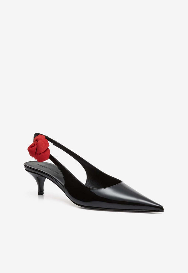 Magda Butrym 50 Rose Applique Slingback Pumps in Calf Leather Black 407724BLACK