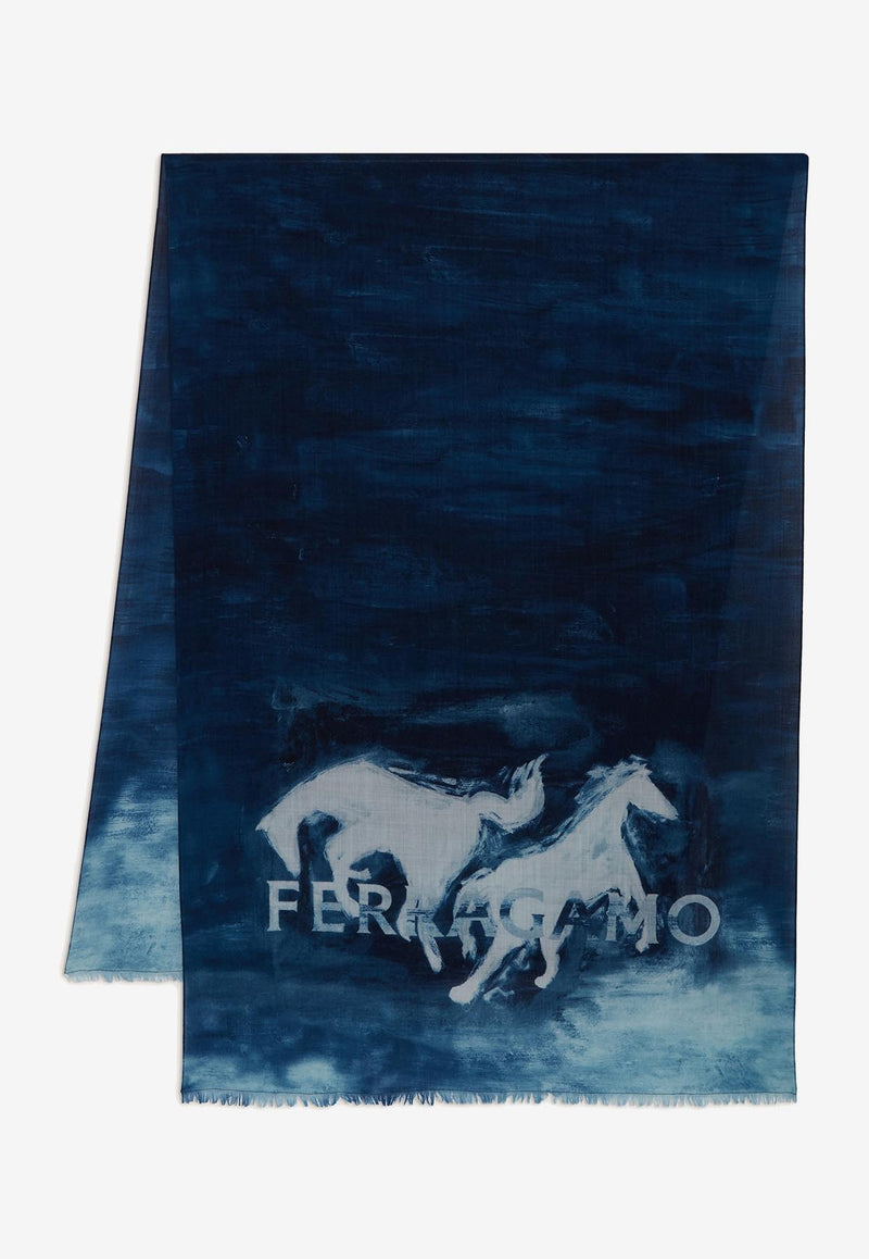 Salvatore Ferragamo Mustang Print Wool Stole 520097 ST MUSTANG 763594 NAVY Navy