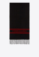 Salvatore Ferragamo Logo Cashmere Fringed Scarf 520106 SR BANDFERR 770207 BLACK/ RED