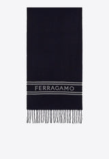 Salvatore Ferragamo Logo Cashmere Fringed Scarf 520106 SR BANDFERR 770208 NEW NAVY/ WHITE