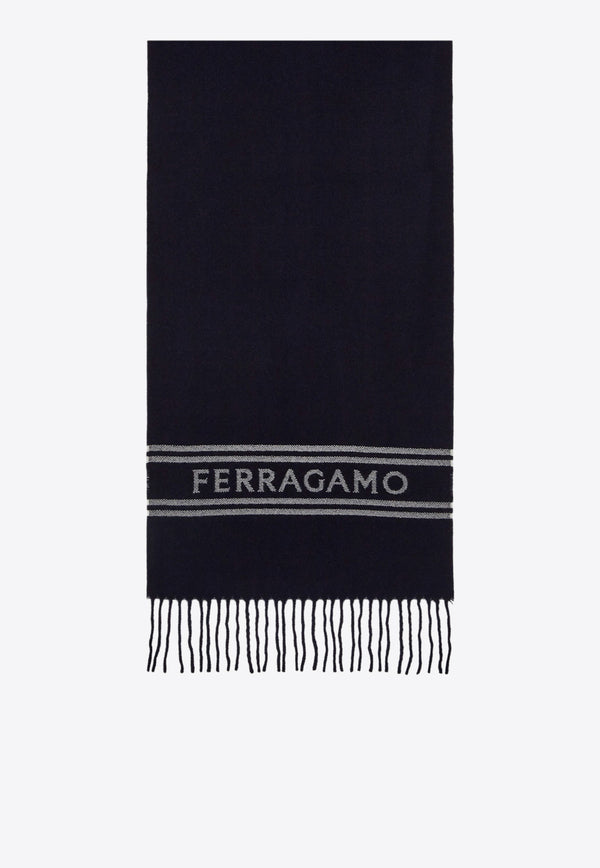 Salvatore Ferragamo Logo Cashmere Fringed Scarf 520106 SR BANDFERR 770208 NEW NAVY/ WHITE