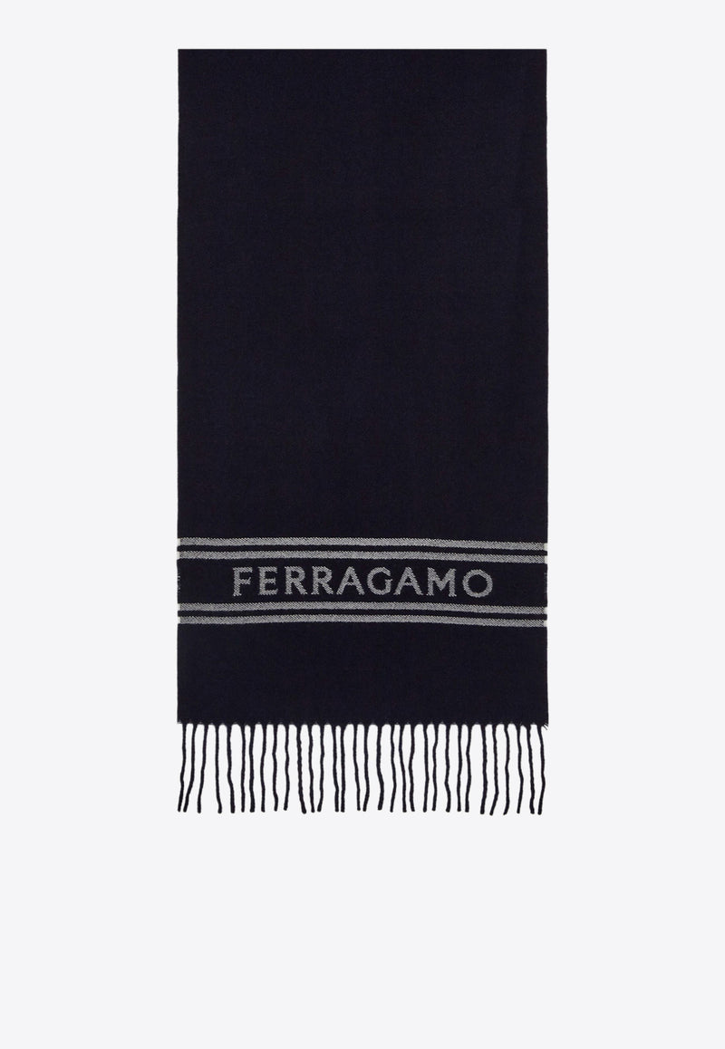 Salvatore Ferragamo Logo Cashmere Fringed Scarf 520106 SR BANDFERR 770208 NEW NAVY/ WHITE