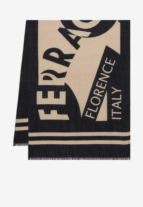 Salvatore Ferragamo St. Venna Maxi Logo Wool Stole Black 520122 ST VENNA 776155 NERO/STONE