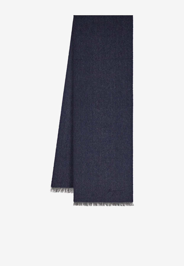 Salvatore Ferragamo Signature Embroidered Cashmere-Blend Scarf Blue 520126 SR ZIGGY 779255 NAVY/LIGHT GREY