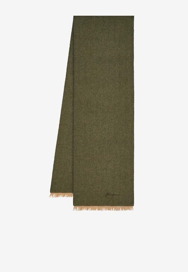 Salvatore Ferragamo Signature Embroidered Cashmere-Blend Scarf Green 520126 SR ZIGGY 779257 OLIVE/CAMEL