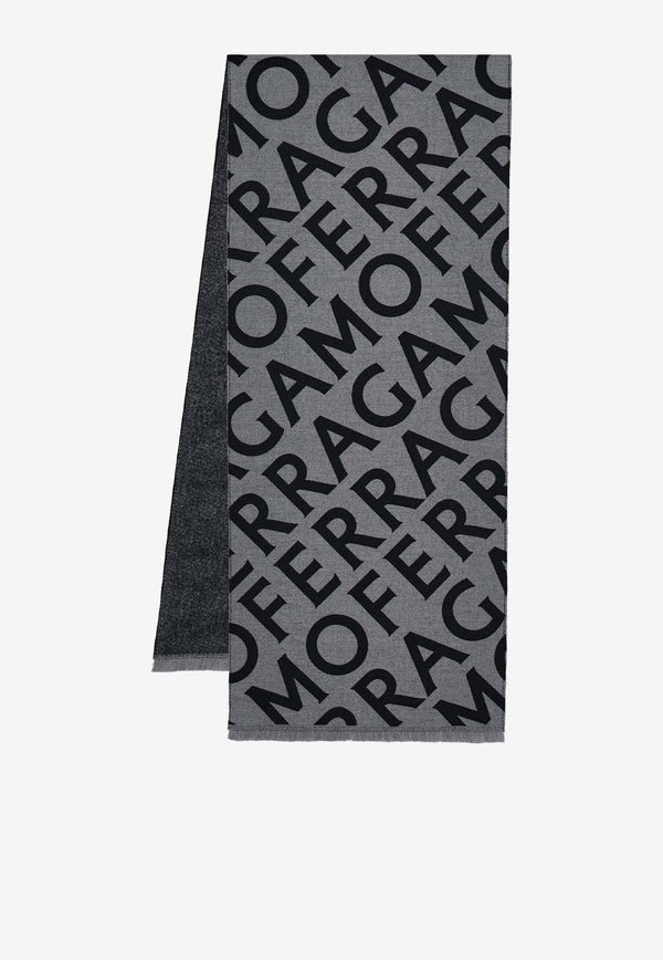 Salvatore Ferragamo Logo Print Reversible Wool Scarf Gray 520128 SR OBLIQUEM 779288 GREY/BLACK