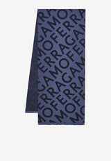 Salvatore Ferragamo Logo Print Reversible Wool Scarf Blue 520128 SR OBLIQUEM 779290 DENIM/NAVY