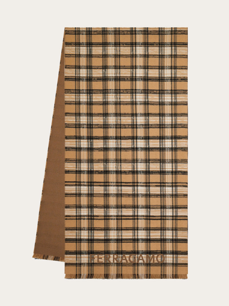 Salvatore Ferragamo Reversible Tartan Wool Scarf Beige 520135 SR CHECKLO 779452 CAMEL/CAMEL SCURO