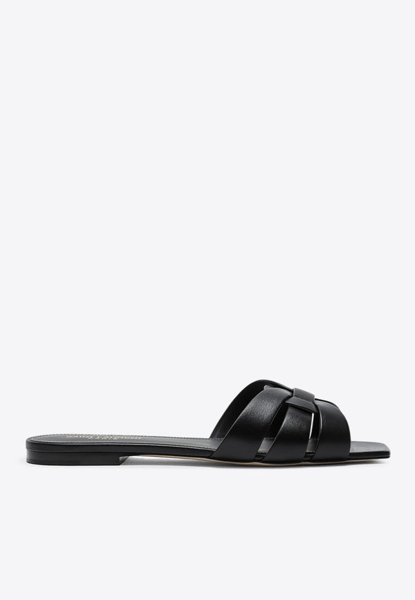 Saint Laurent Tribute Leather Flat Sandals Black 571952BDA00/Q_YSL-1000