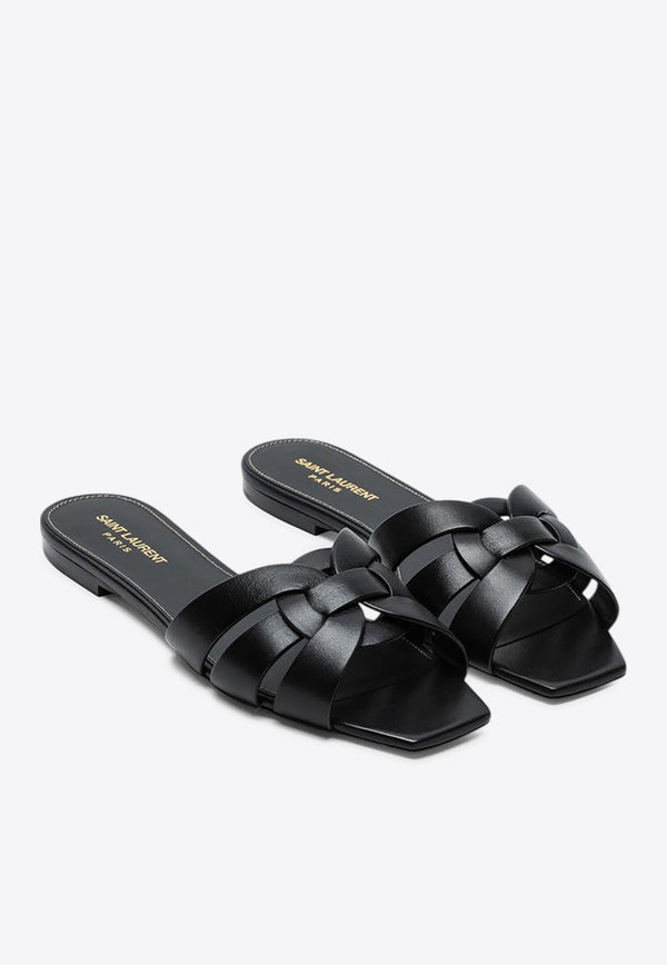 Saint Laurent Tribute Leather Flat Sandals Black 571952BDA00/Q_YSL-1000