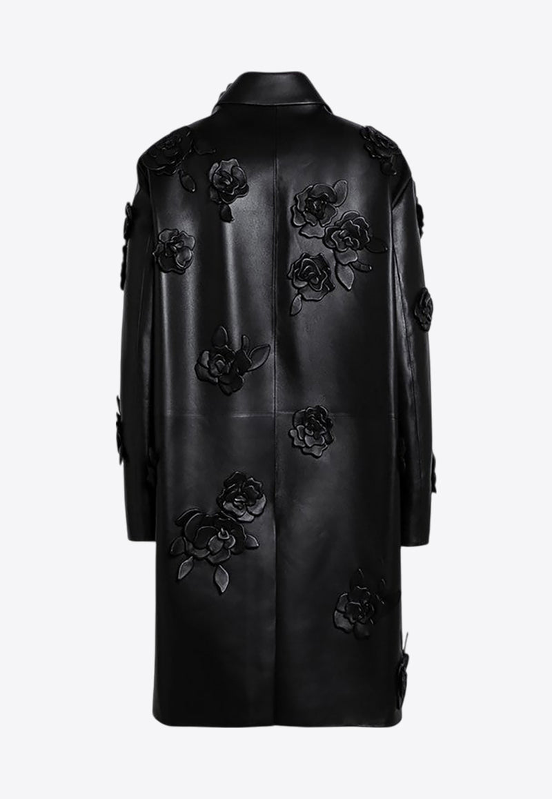 Valentino Floral Appliqué Nappa Leather Coat Black 5B3NBAI08LV/P_VALE-0NO