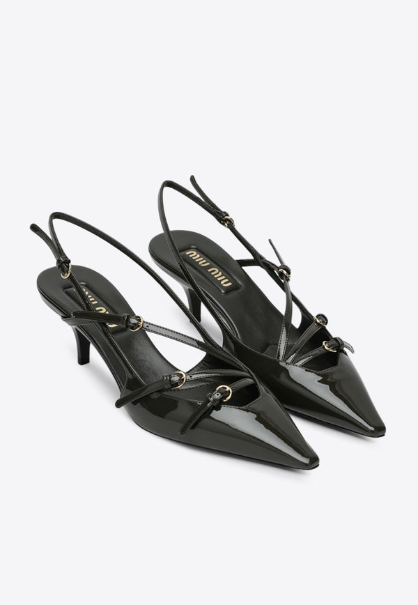 Miu Miu 55 Patent Leather Slingback Pumps Olive 5I013EM055069/Q_MIU-F0466