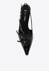 Miu Miu 55 Buckle Embellished Slingback Pumps Black 5I013EM055069/P_MIU-F0002