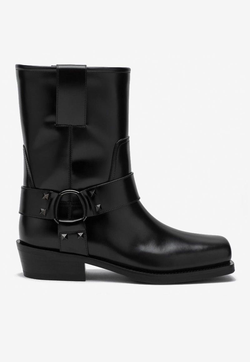 Valentino Rockstud Biker Ankle Boots in Calf Leather Black 5W0S0KN4NIB/P_VALE-0NO