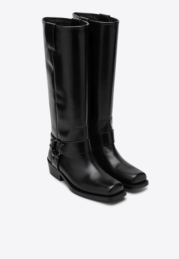 Valentino Rockstud Knee-High Leather Biker Boots Black 5W0S0KV3NIB/P_VALE-0NO