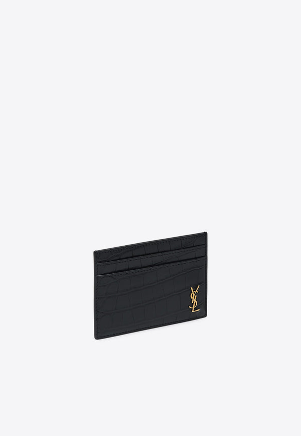 Saint Laurent Cassandre Croc-Embossed Leather Cardholder Black 607603DZE0W/Q_YSL-1000