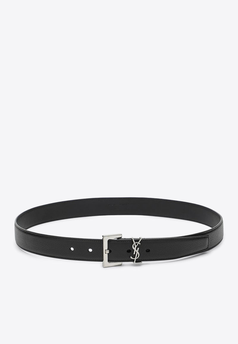 Saint Laurent Cassandre Buckle Grained Leather Belt Black 634440DTI0E/P_YSL-1000