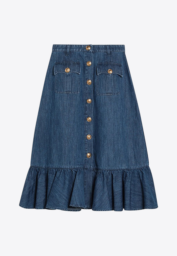 Valentino Ruffled Midi Denim Skirt Blue 6B3DD18L94C/Q_VALE-558