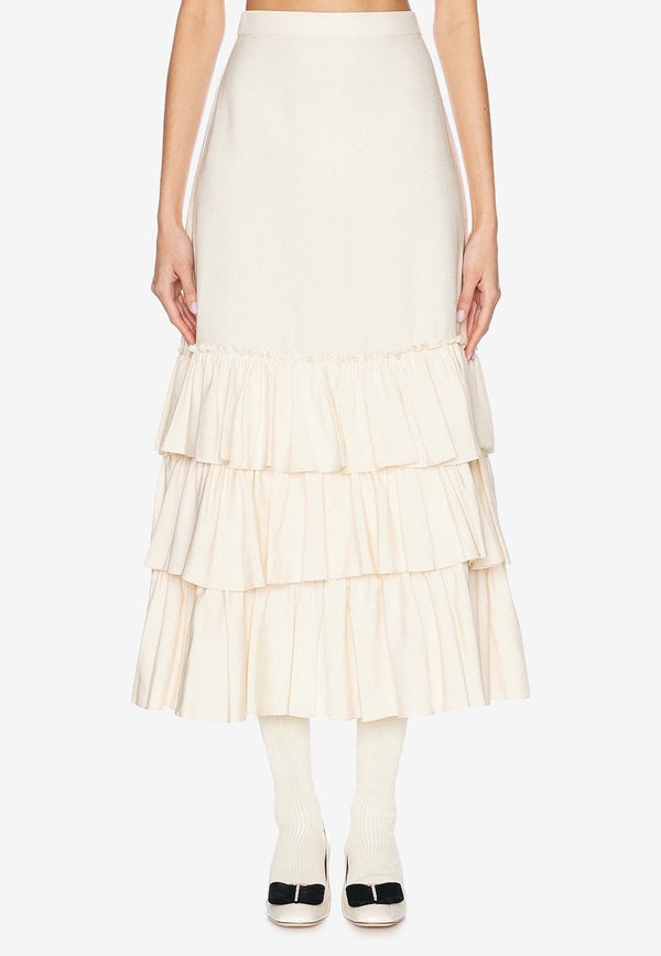 Valentino Shantung Ruffled Midi Skirt Cream 6B3RACM690G D04