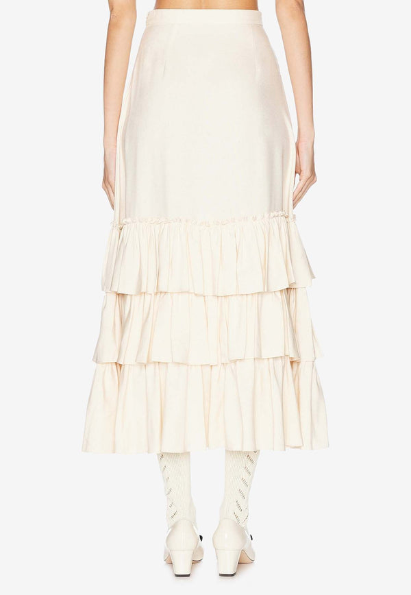 Valentino Shantung Ruffled Midi Skirt Cream 6B3RACM690G D04