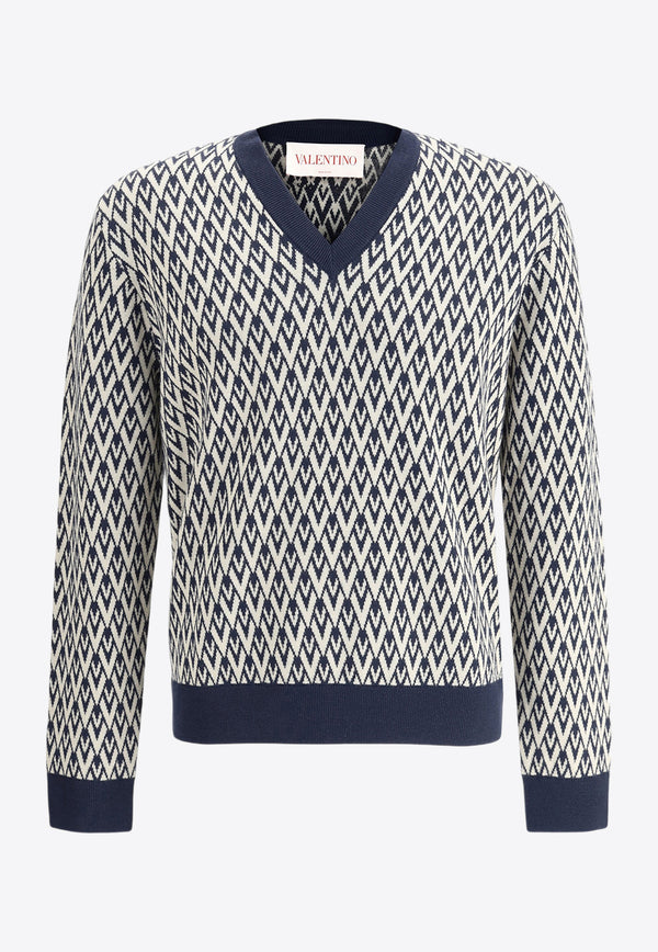 Valentino Toute La V Jacquard V-neck Sweater Navy 6V3KC32XAR0 QTD