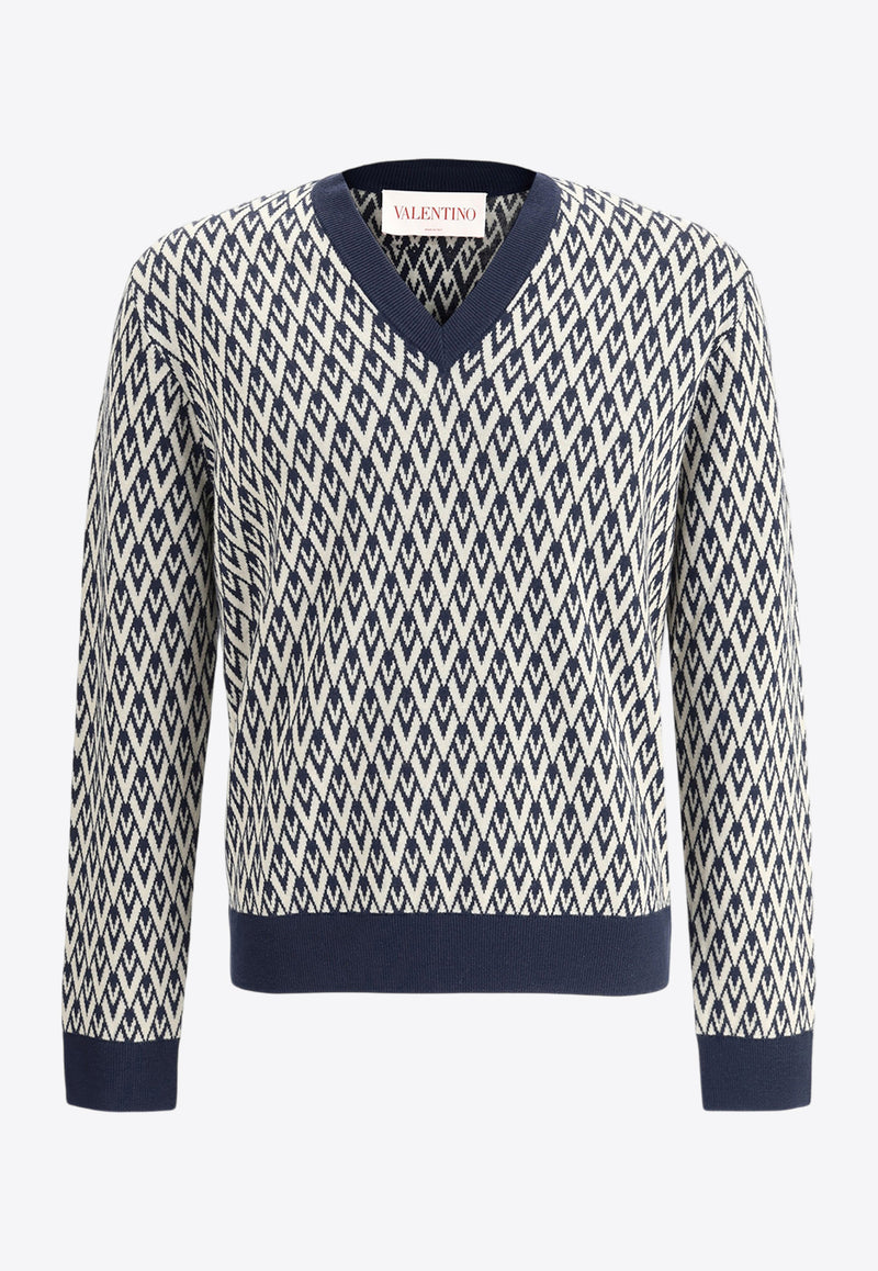 Valentino Toute La V Jacquard V-neck Sweater Navy 6V3KC32XAR0 QTD