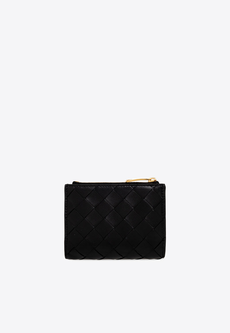 Bottega Veneta Small Bi-Fold Zip Wallet in Intrecciato Leather Black 707601 VCPP3-8425