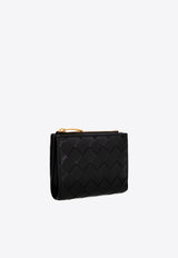 Bottega Veneta Small Bi-Fold Zip Wallet in Intrecciato Leather Black 707601 VCPP3-8425