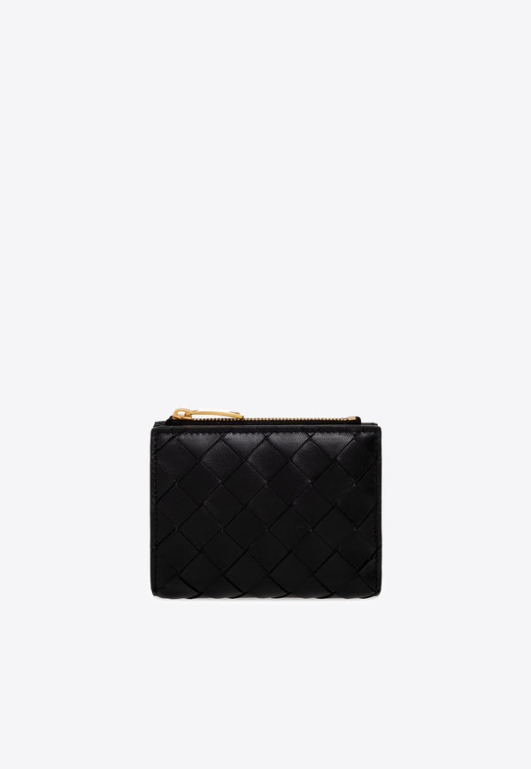 Bottega Veneta Small Bi-Fold Zip Wallet in Intrecciato Leather Black 707601 VCPP3-8425