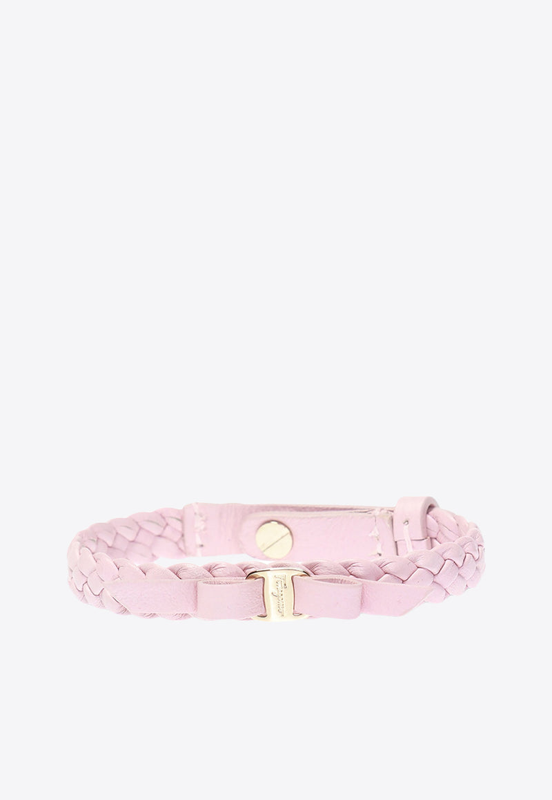 Salvatore Ferragamo Vara Bow Braided Leather Bracelet Pink 762501 BR MINIVA 1G 707380-BR PEL MACARO ORO CHI LUC