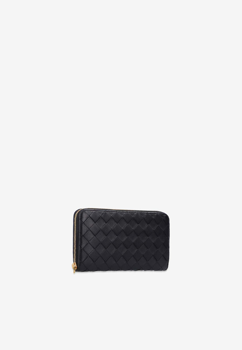 Bottega Veneta Intrecciato Leather Zip-Around Wallet Black 608053 VCPP2-8425