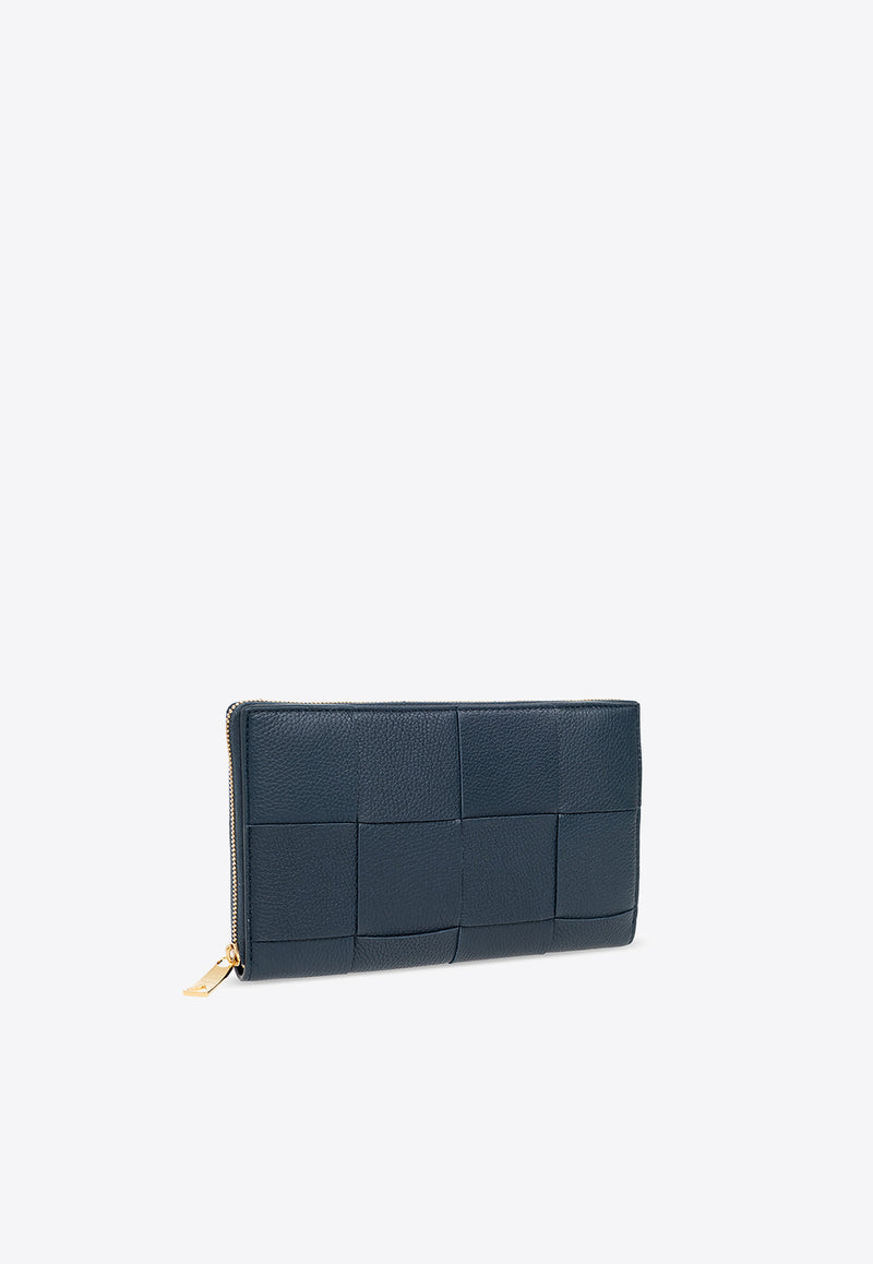 Bottega Veneta Cassette Zip-Around Wallet in Intrecciato Leather Deep Blue 651368 VCP14-3124