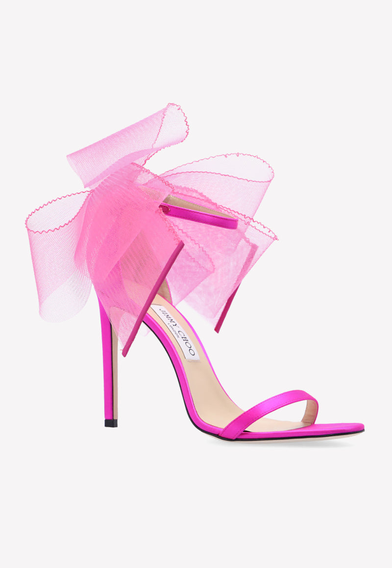 Jimmy Choo Aveline 100 Asymmetric Grosgrain Mesh Bows Sandals AVELINE 100 BAV-FUCHSIA FUCHSIA Pink