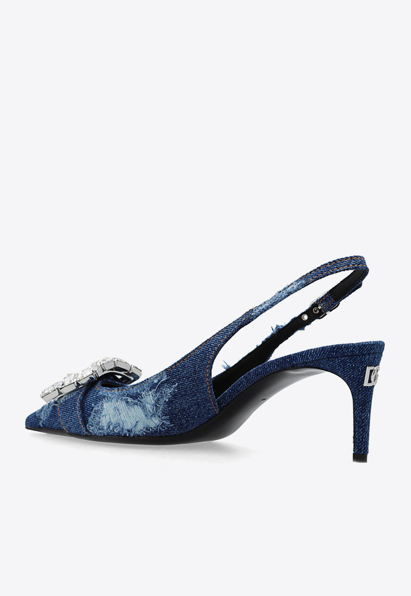 Dolce 
Gabbana 75 Distressed Denim Appliquéd Slingback Pumps CG0643 AY841-8H618