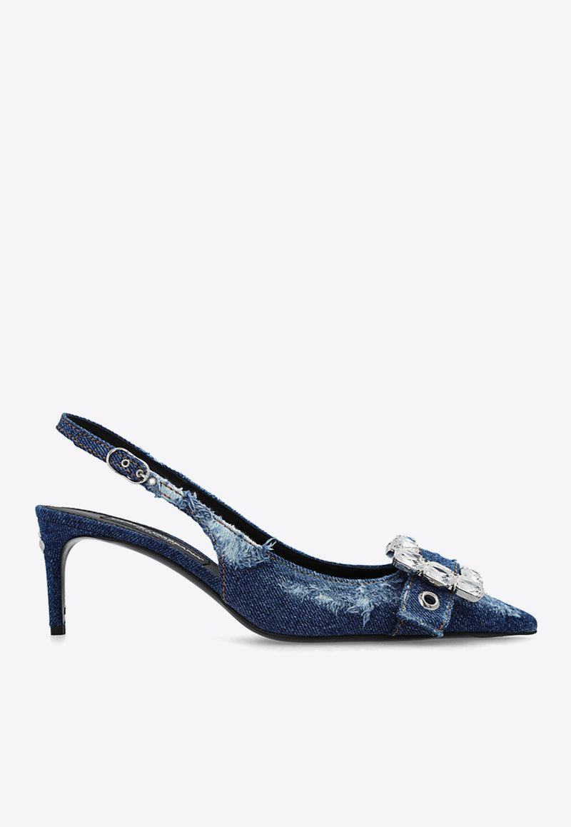 Dolce 
Gabbana 75 Distressed Denim Appliquéd Slingback Pumps CG0643 AY841-8H618