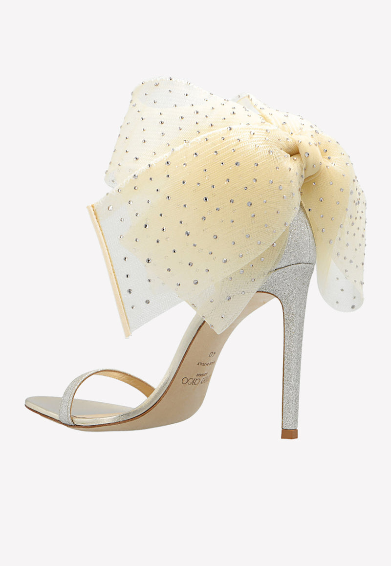 Jimmy Choo Aveline 100 Asymmetric Crystal Bows Sandals AVELINE 100 BKO-PLATINUM ICE IVORY Gold