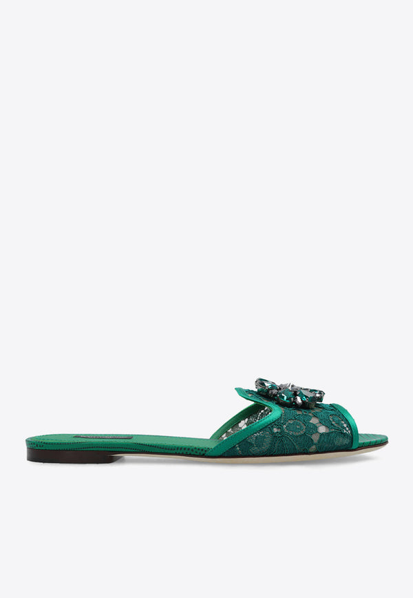 Dolce 
Gabbana Bianca Crystal Lace Flat Sandals Emerald CQ0023 AG667-8M072