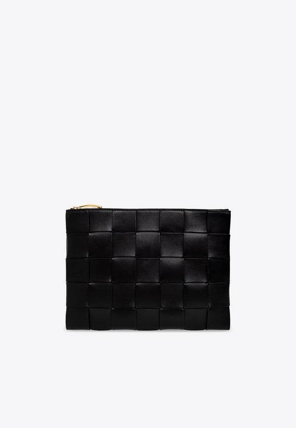 Bottega Veneta Medium Cassette Zip Pouch in Intrecciato Leather Black 652931 VCQC1-8425